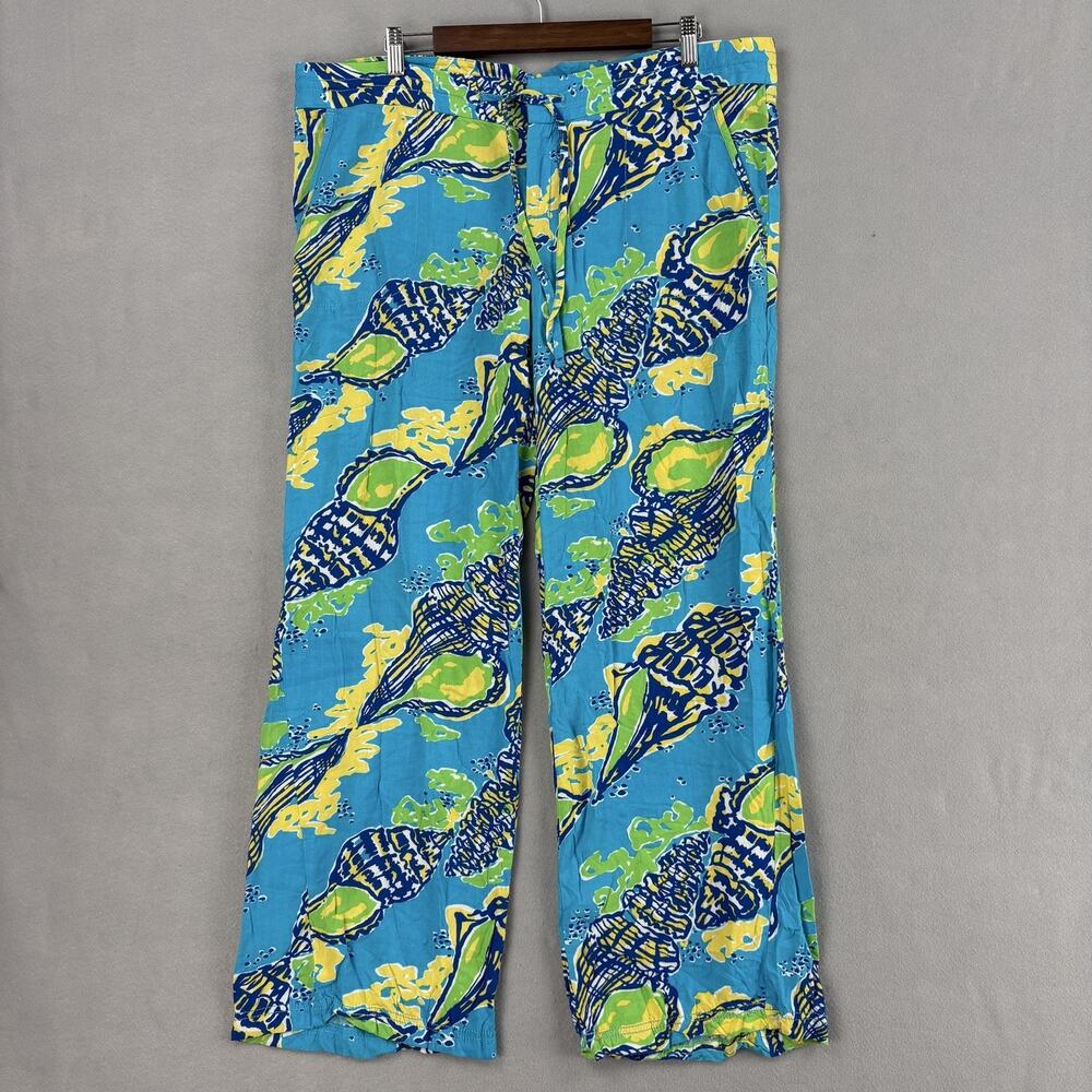 Lilly Pulitzer Pants Womens XL Blue Shell Print Rayon Straight Leg Tropical - Picture 1 of 16